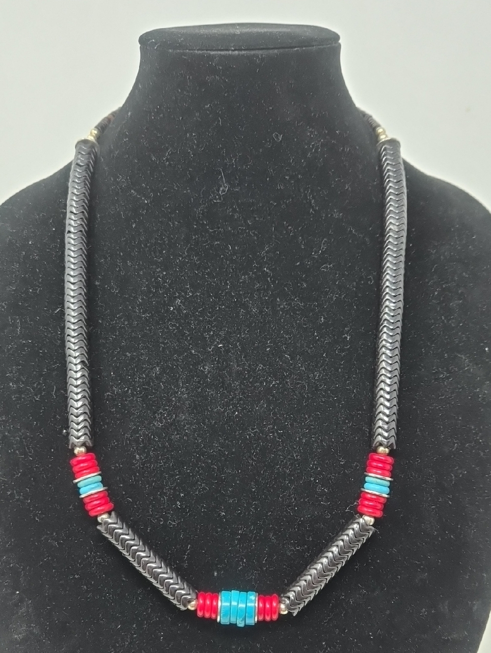 Vintage Black Necklace with Red and Turquoise Beads